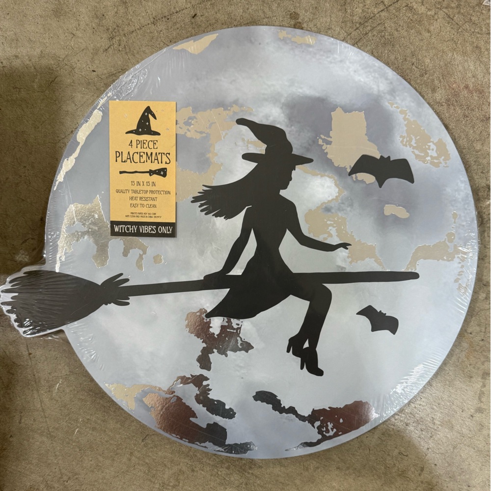 Witchy Wall Vinyl Placemats for Halloween - Black and Silver- cork on back
